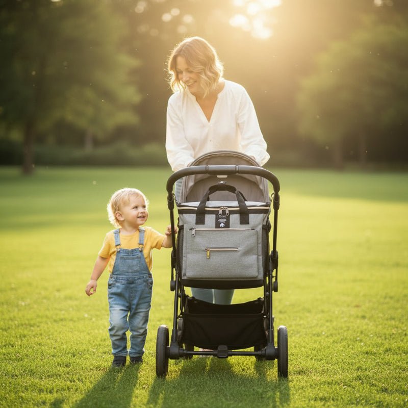 balade maman et enfant avec sac a langer accroché poussette