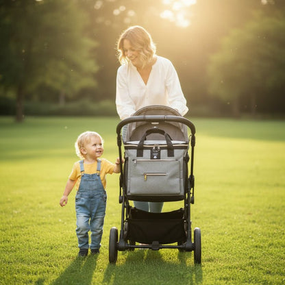 balade maman et enfant avec sac a langer accroché poussette