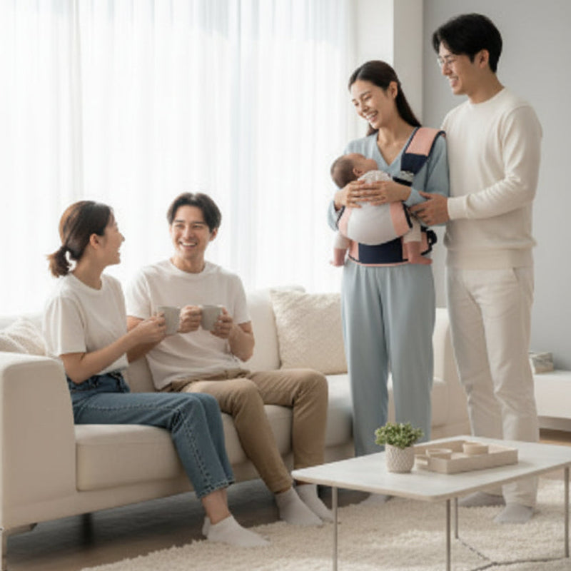 chez des amis, famille portant bébé dans porte bebe liberté