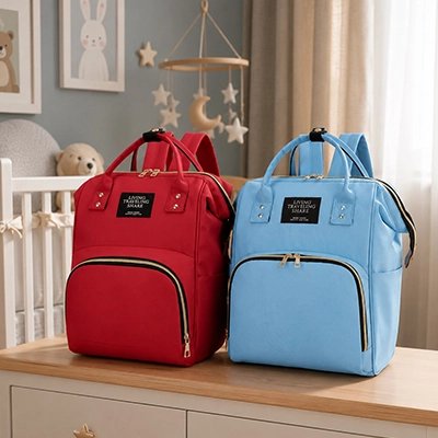 deux sac a dos a langer rouge et bleu chambre bébé
