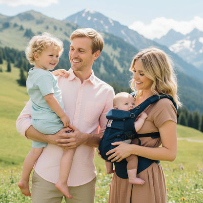 famille bébé montagne porte bebe bleu marine