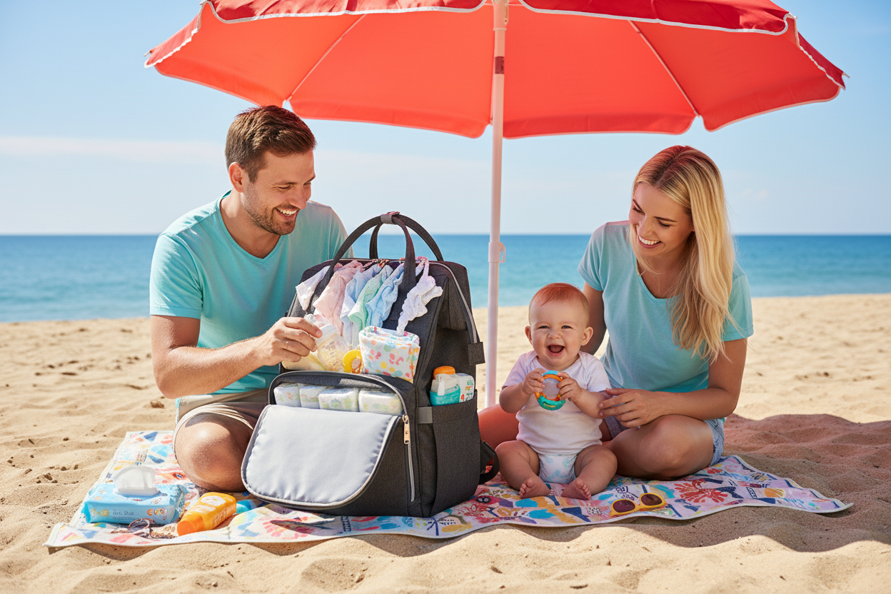 famille bebe plage sac a langer gris fonce rangement