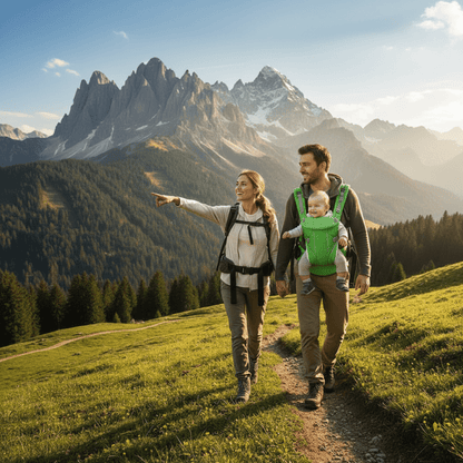famille en randonnée en montagne avec un bébé dans un porte bébé vert granit