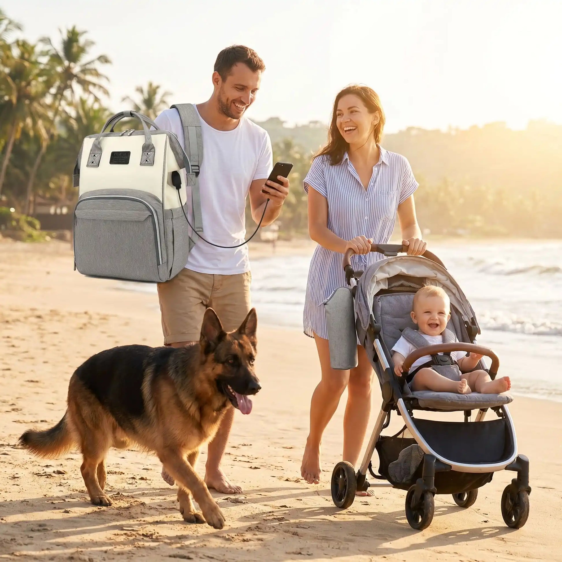 famille heureuse sac a langer bord de plage
