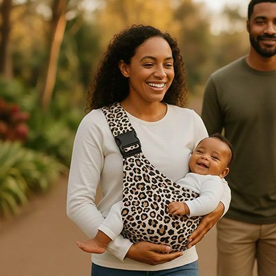 famille métissée souriante en promenade dans la nature maman portant son enfant en echarpe de portage léopard