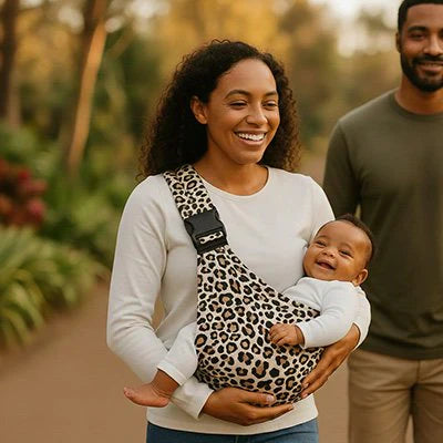 famille metissee souriante en promenade dans la nature maman portant son enfant en echarpe de portage léopard