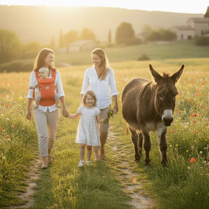 maman bébé en porte bébé orange entre amies avec un âme