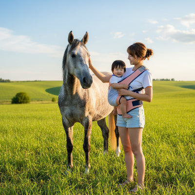maman caressant cheval en portant bébé dans porte bebe liberté