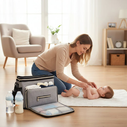 maman change bébé au sol avec sac a langer gris ouvert