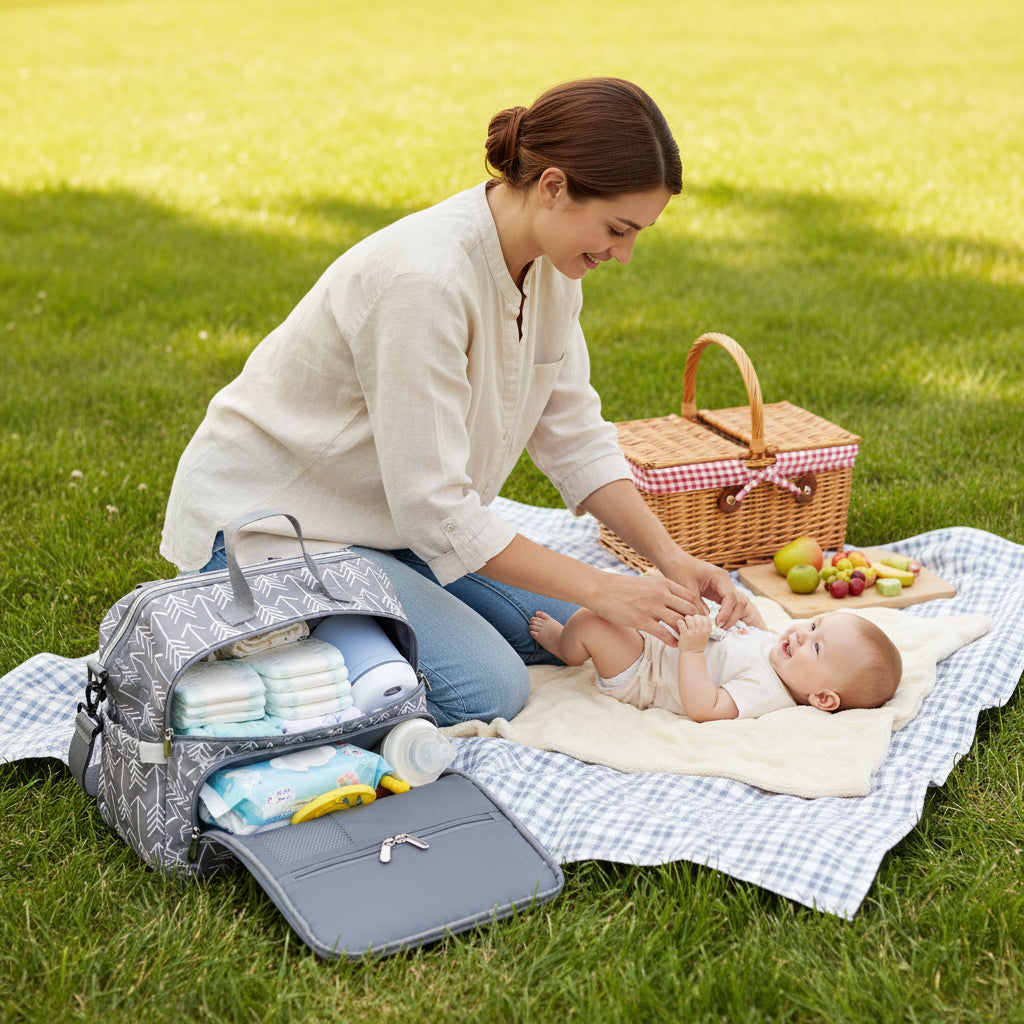 maman change bebe herbe sac a langer gris fleches