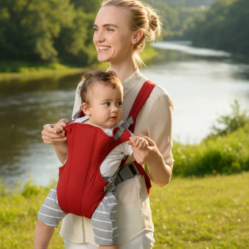 maman et bébé souriant en porte bébé rouge devant rivière