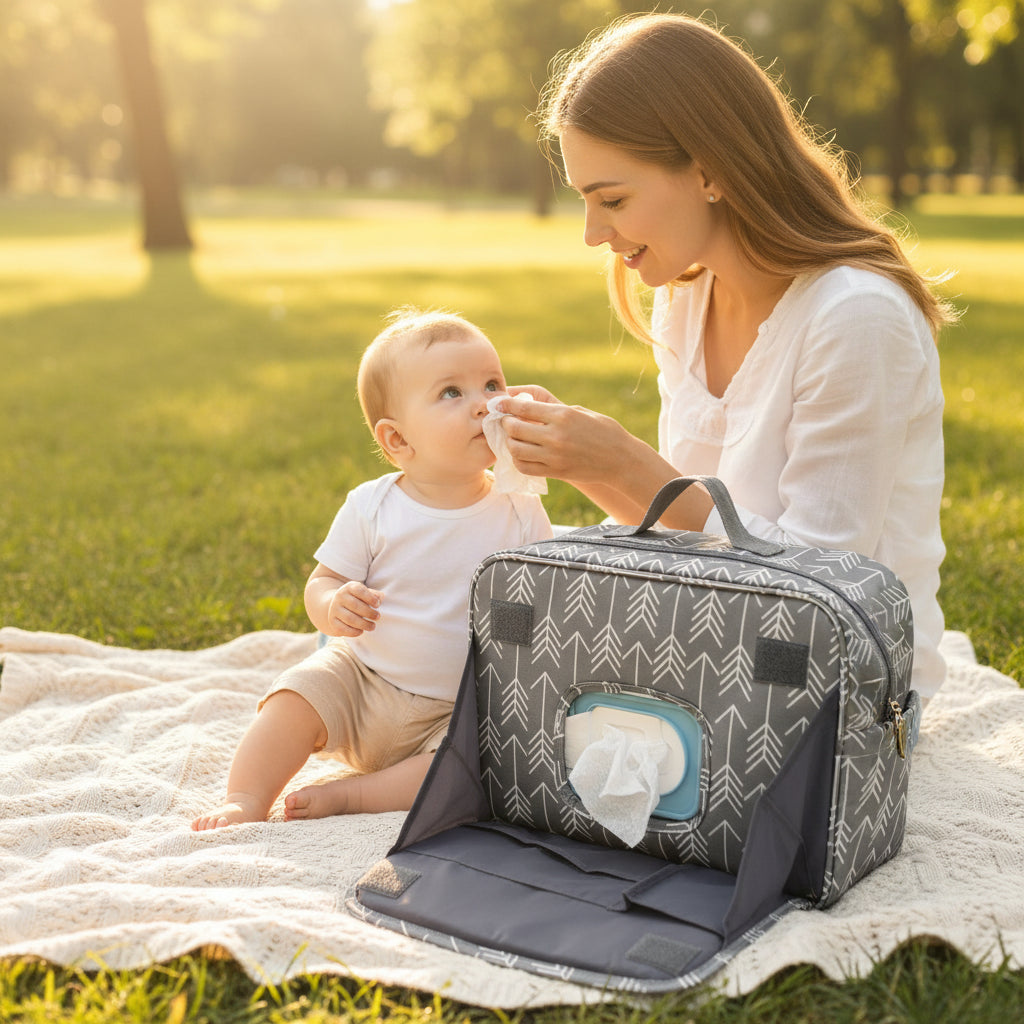 maman mouche bebe sac a langer gris fleches