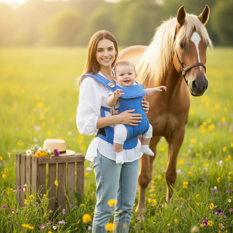 maman portant bébé face dans porte bébé bleu avec cheval