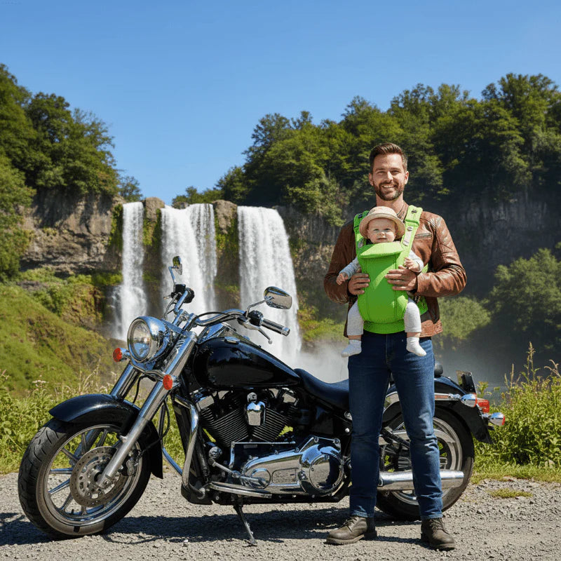 papa bébé en porte bébé vert devant moto et cascade