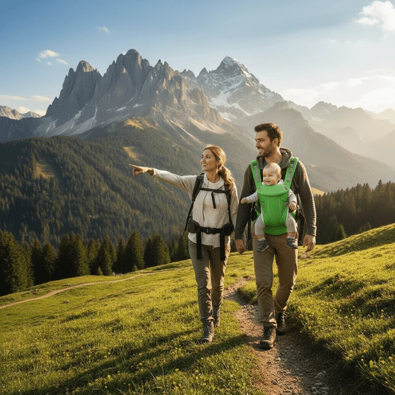 papa bébé porte bébé vert randonnée montagne avec maman